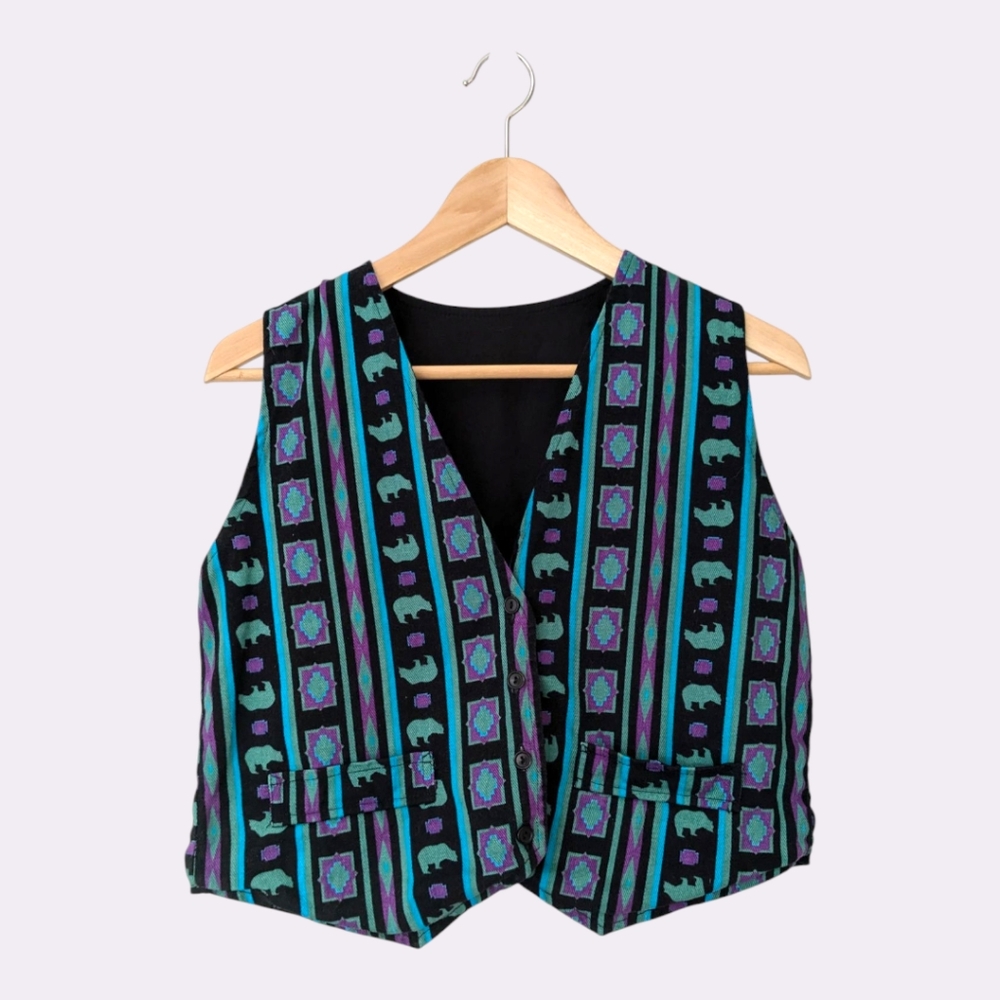 🖤💚💜 Vintage 90s Handmade Reversible Bear Pattern Button Up Vest, S